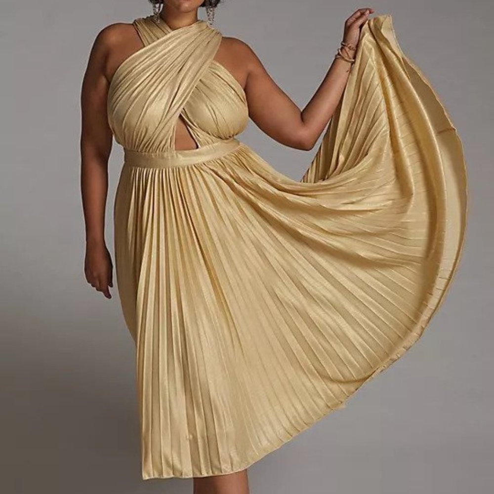 NWOT Anthropologie Verb Pallavi Singhee Gold Pleated Halter Midi Dress